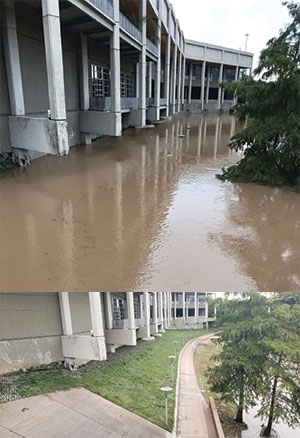 Two images show the same building: the top shows severe flooding with water up to the windows; the bottom shows the area dry, with grass and sidewalk visible.
