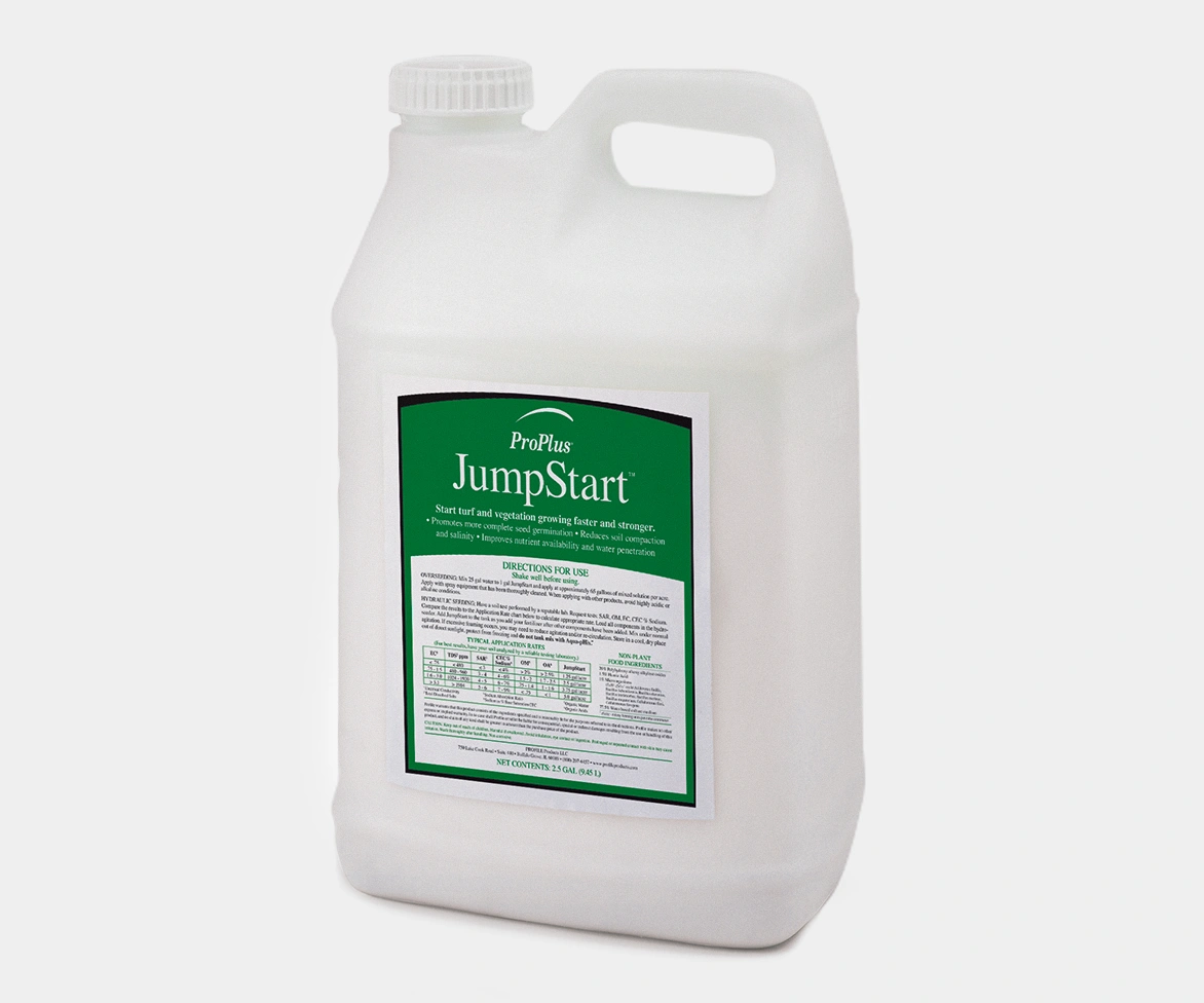 A white plastic container with a handle, labeled ProPlus JumpStart with green and white labeling, containing starter fertilizer and directions for use.