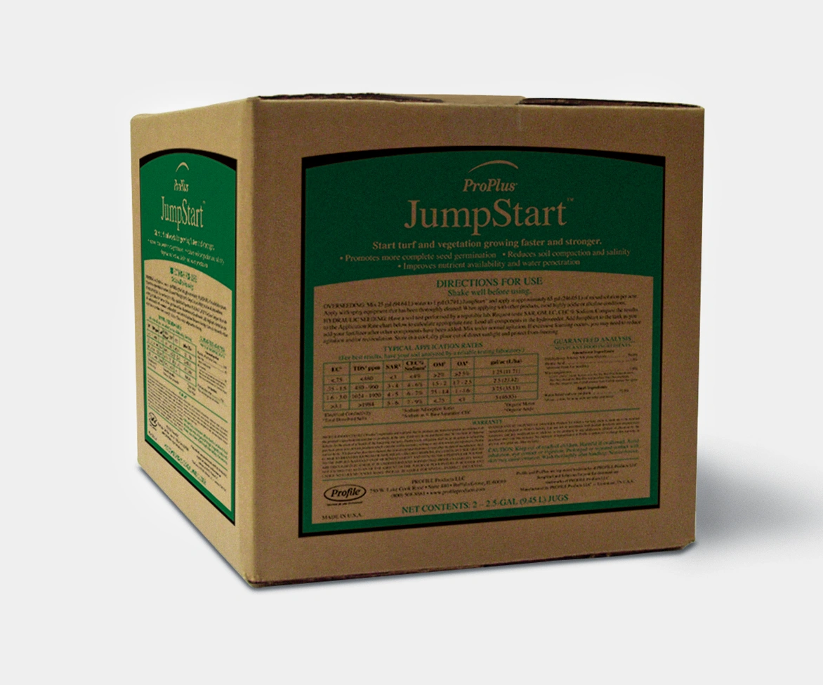 Cardboard box labeled “ProPlus JumpStart” with green product labels on the front and side panels displaying directions for use, application rates table, and product information for jugs totaling 2 × 2.5 gallons (9.45 L).