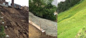 Three stages of a hillside: eroded bare soil with debris, partially restored slope with new retaining wall and matting, and stabilized grassy slope with lush green vegetation.