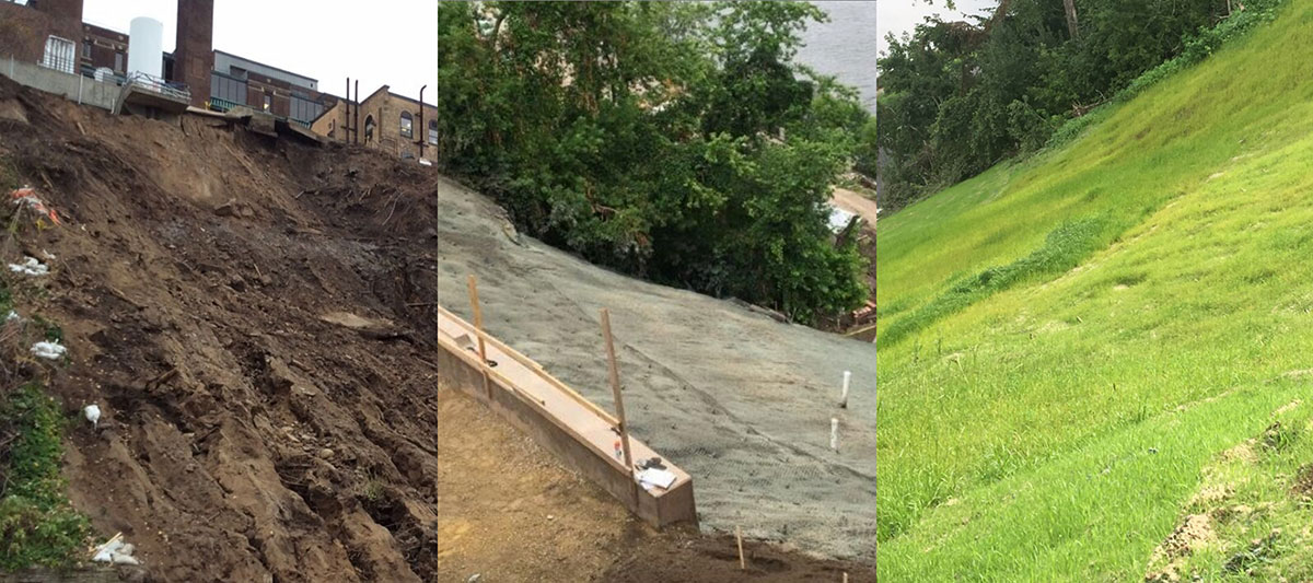 Three stages of a hillside: eroded bare soil with debris, partially restored slope with new retaining wall and matting, and stabilized grassy slope with lush green vegetation.