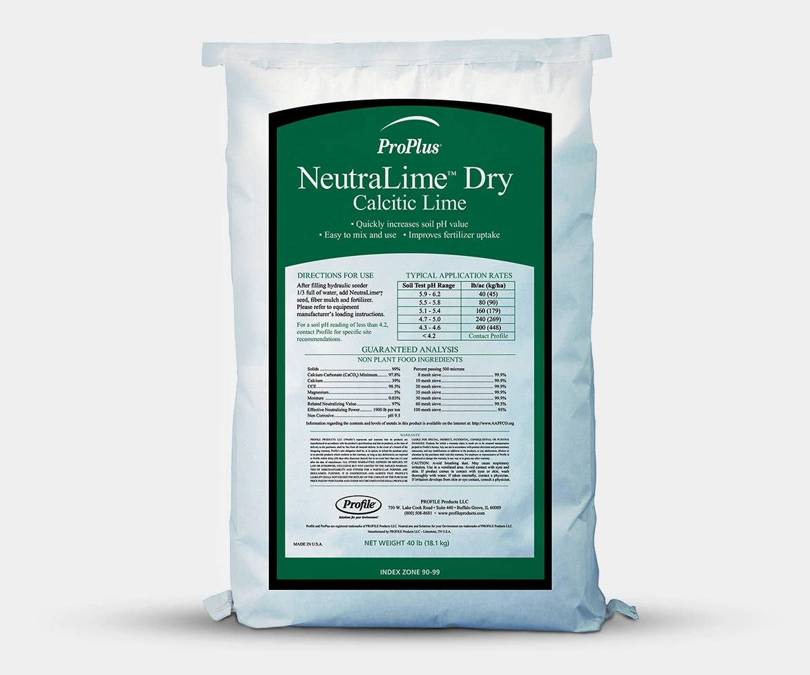 A white bag of ProPlus NeutraLime Dry Calcitic Lime with a green label, showing instructions, application rates, and product details in black text.