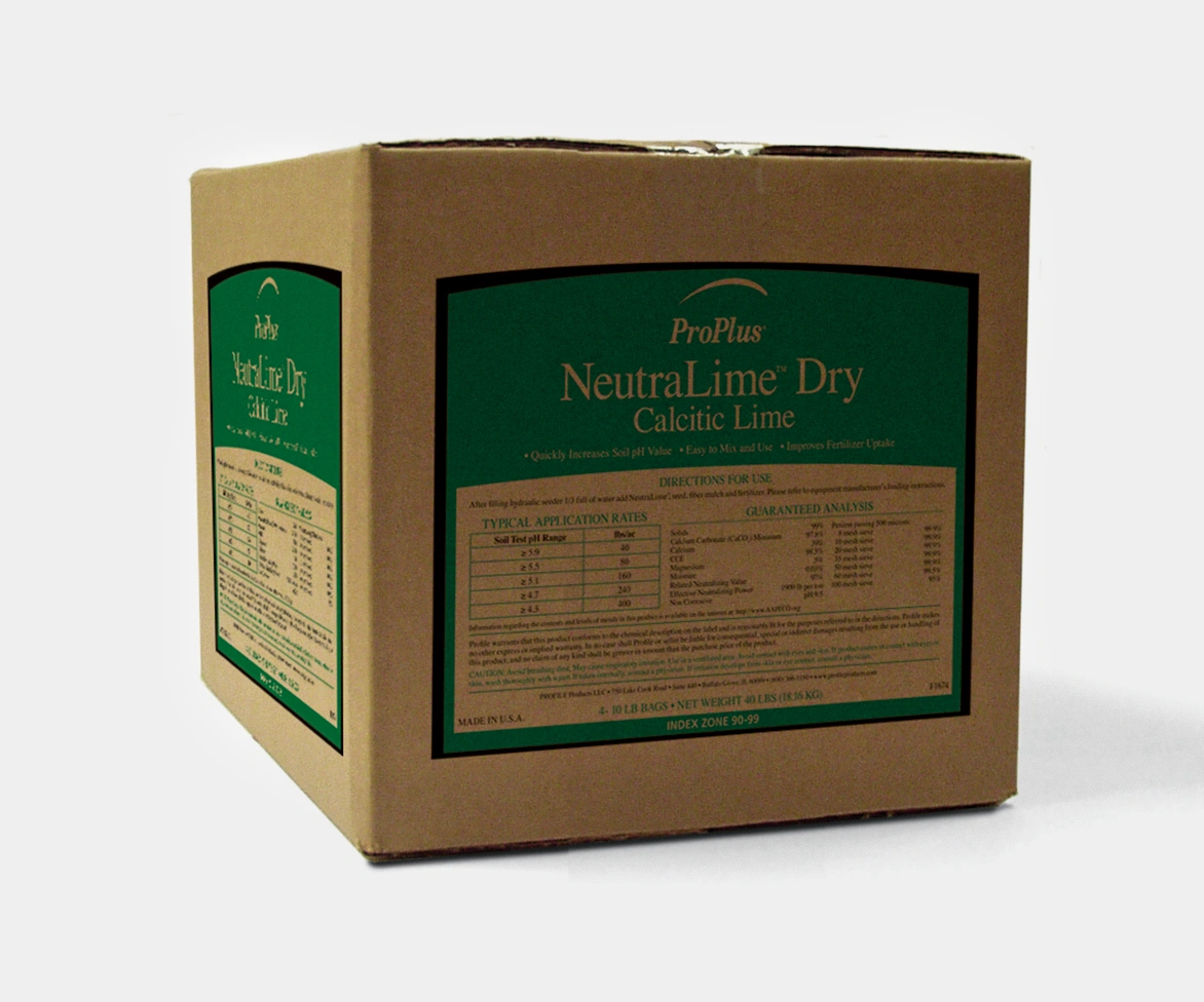 A large cardboard box labeled ProPlus NeutraLime Dry Calcitic Lime with product details and application rates on a green panel. The box is placed against a plain white background.