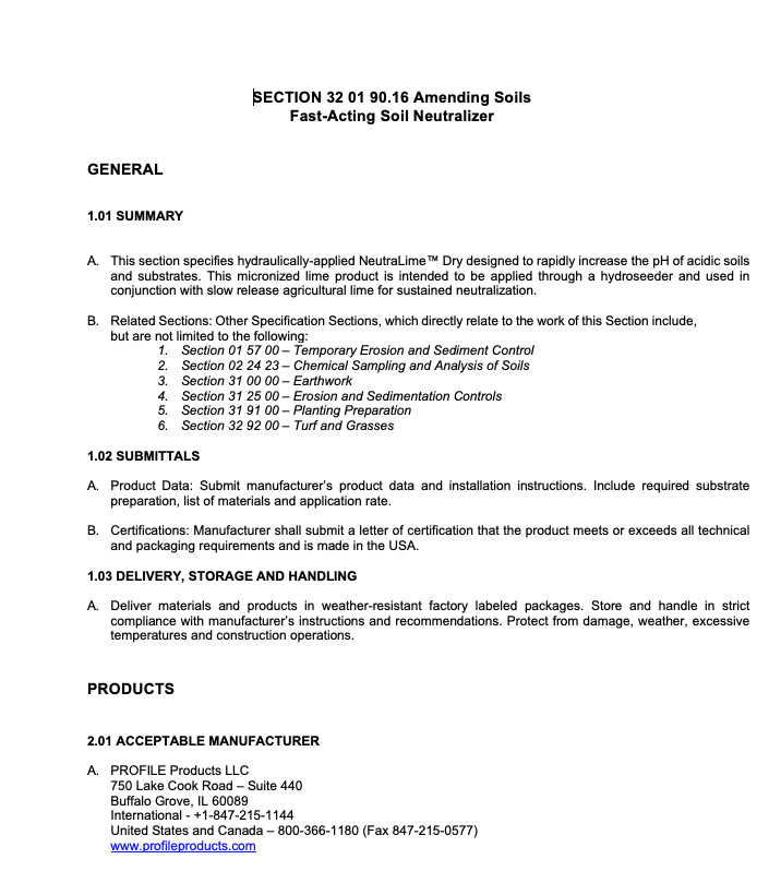 Document titled SECTION 32 01 90.16 Amending Soils Fast-Acting Soil Neutralizer with sections on summary, submittals, delivery, and products, including contact info for PROFILE Products LLC.