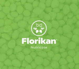 Green background with round fertilizer pellets, white Florikan Nutricote logo in the center, and a circular leaf design above the brand name.