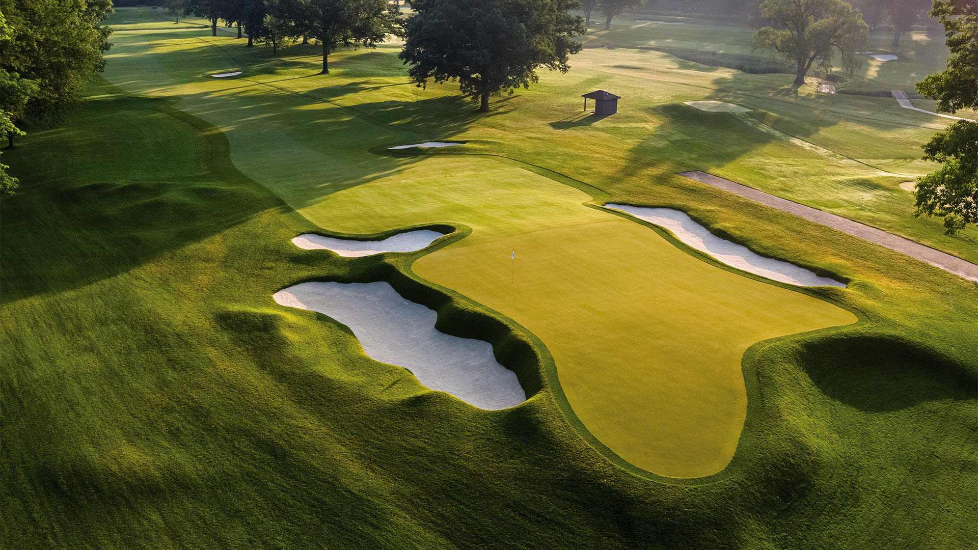 Aerial view of a golf course green surrounded by several sand bunkers, lush grass, and scattered trees on a sunny day.