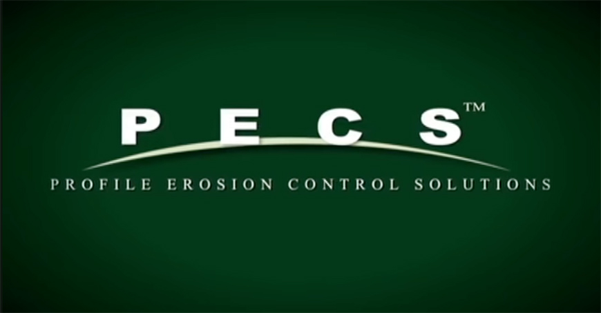 A dark green background with the white text PECS above a curved line and Profile Erosion Control Solutions below.