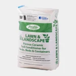 Bag labeled “Profile Lawn & Landscape Porous Ceramic Soil Conditioner for Yards, Beds & Containers” with green branding and product details.