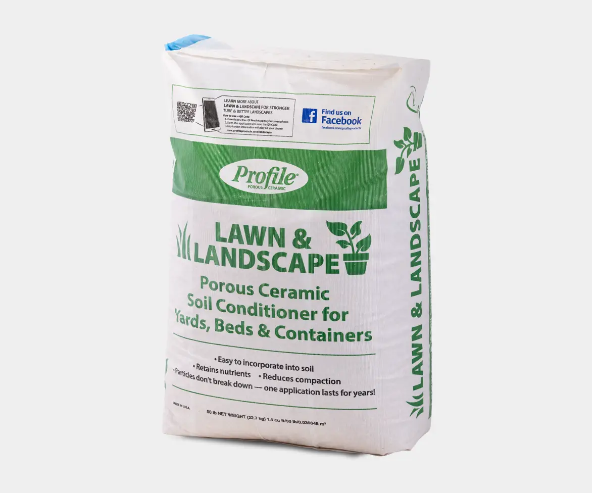 Bag labeled “Profile Lawn & Landscape Porous Ceramic Soil Conditioner for Yards, Beds & Containers” with green branding and product details.