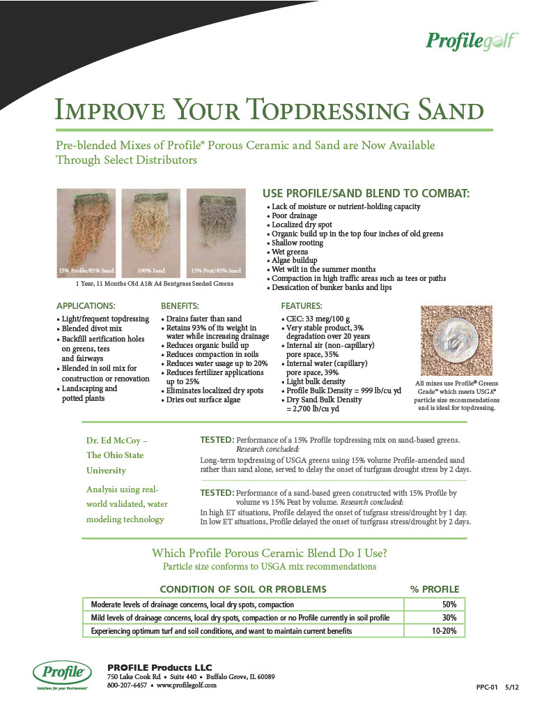 Informational flyer for ProfileGolf topdressing sand, featuring product benefits, applications, and usage details. Includes images of soil and turf, charts, and text explaining Profile Porous Ceramic and sand blends.