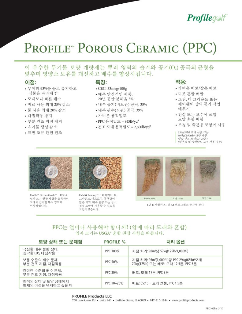Informational flyer in Korean about Profile Porous Ceramic (PPC) for golf course turf, featuring product samples, usage rates, product specifications table, and contact details for Profile Products LLC.