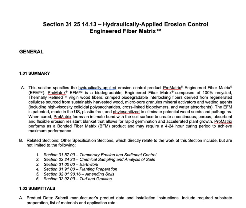A section of a technical document detailing hydraulically-applied erosion control using engineered fiber matrix, including summary, product description, and section references. Some words are highlighted in blue or purple.