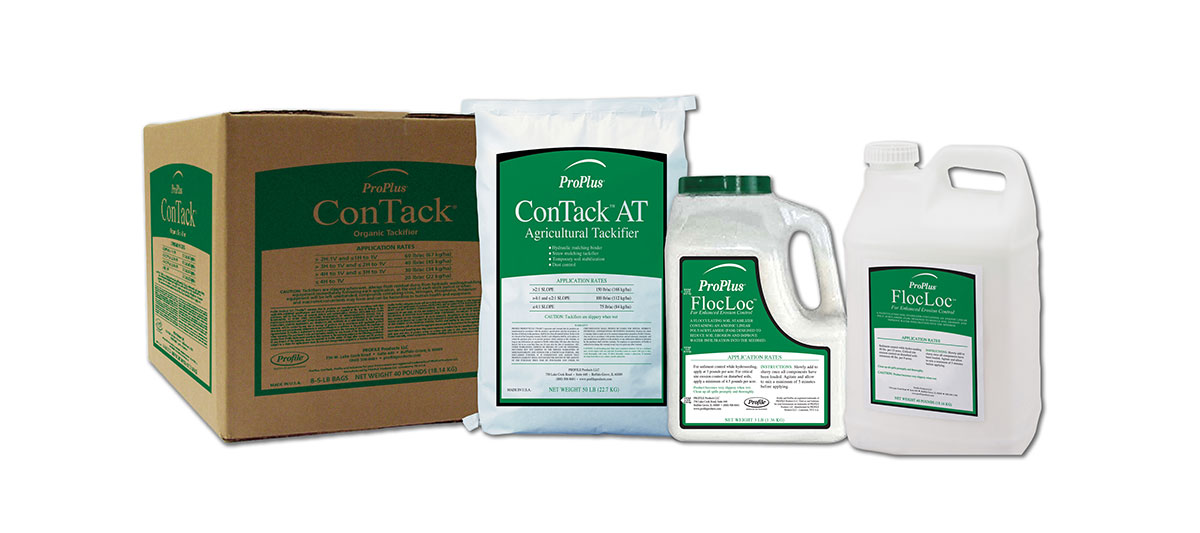 Four agricultural product containers labeled ConTack and FloeLoc, including a box, bag, bottle, and jug, are arranged in a row against a white background.