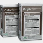 Two bags of Profile High Performance Mulch are standing side by side. One bag is labeled BLEND WITH TACK, and the other is labeled BLEND. Both bags display detailed product information on the front.