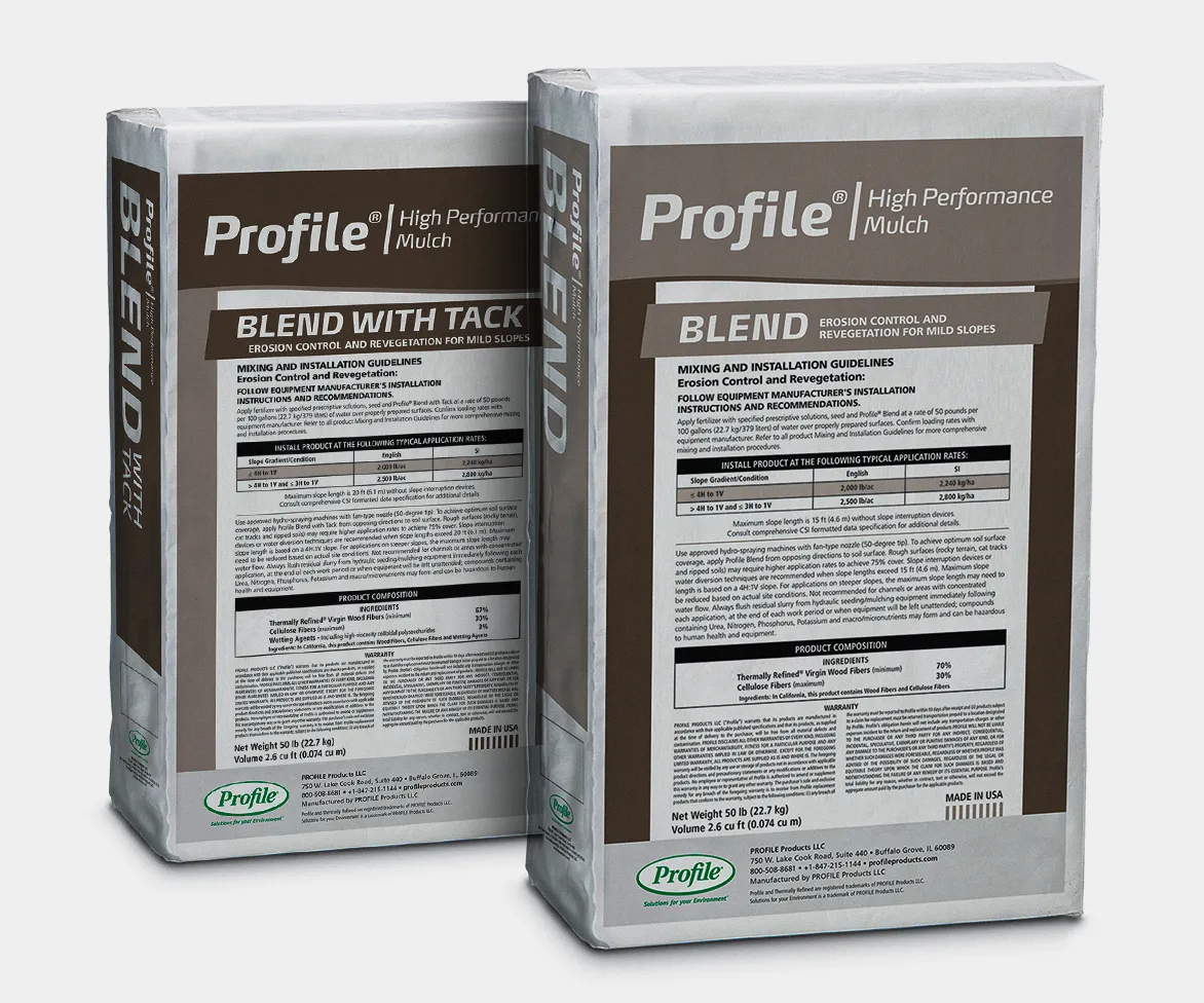 Two bags of Profile High Performance Mulch are standing side by side. One bag is labeled BLEND WITH TACK, and the other is labeled BLEND. Both bags display detailed product information on the front.