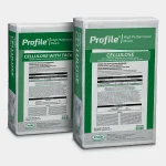 Two white bags of Profile High Performance Mulch, labeled Cellulose and Cellulose with Tack, stand side by side with detailed product information printed on the front.
