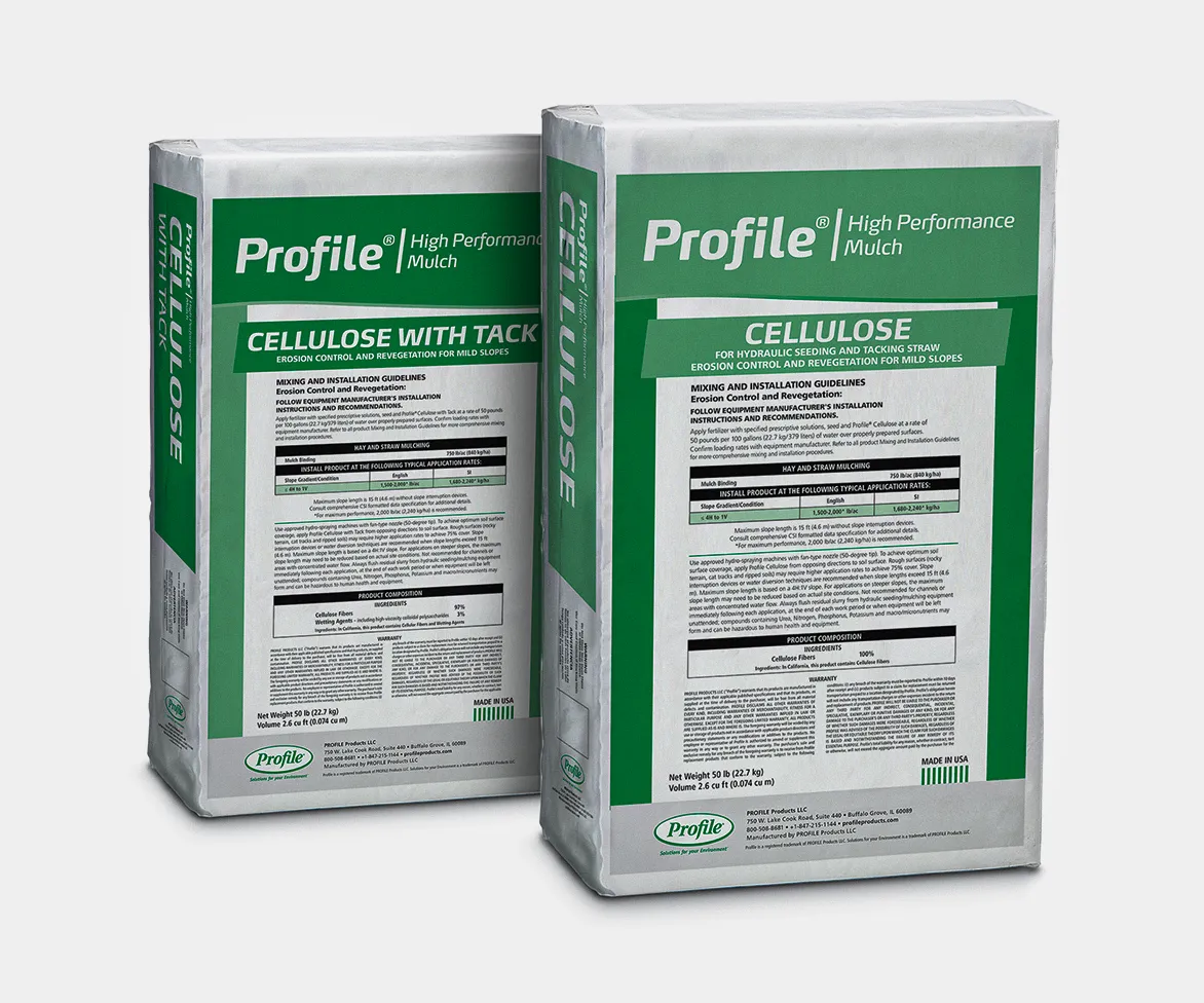 Two white bags of Profile High Performance Mulch, labeled Cellulose and Cellulose with Tack, stand side by side with detailed product information printed on the front.