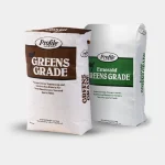 Two bags of Profile porous ceramic topdressing labeled “GREENS GRADE” (brown panel) and “Emerald GREENS GRADE” (green panel) displayed side by side on a white background.