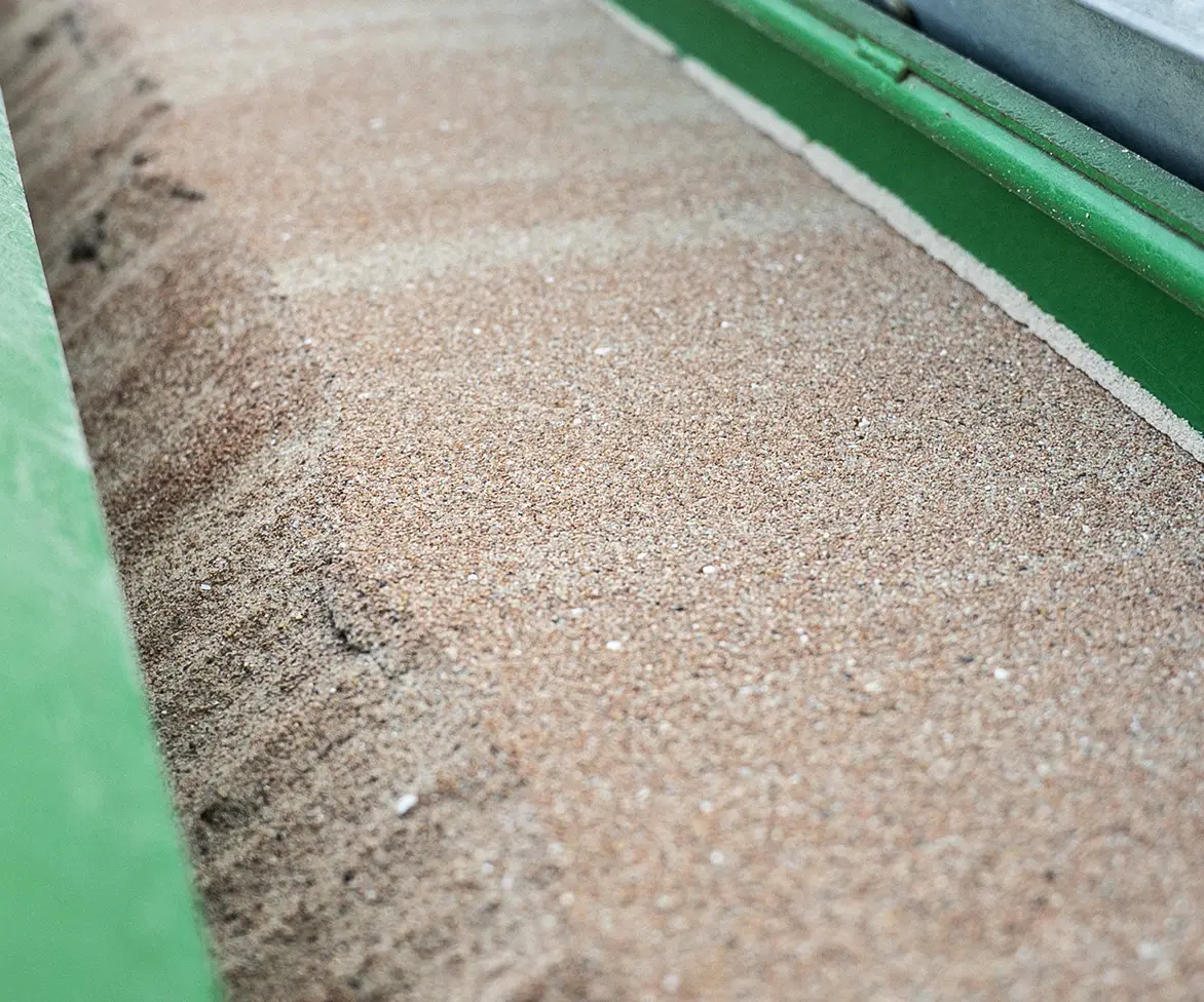 Close-up view of tan porous ceramic topdressing material inside a green spreader hopper.