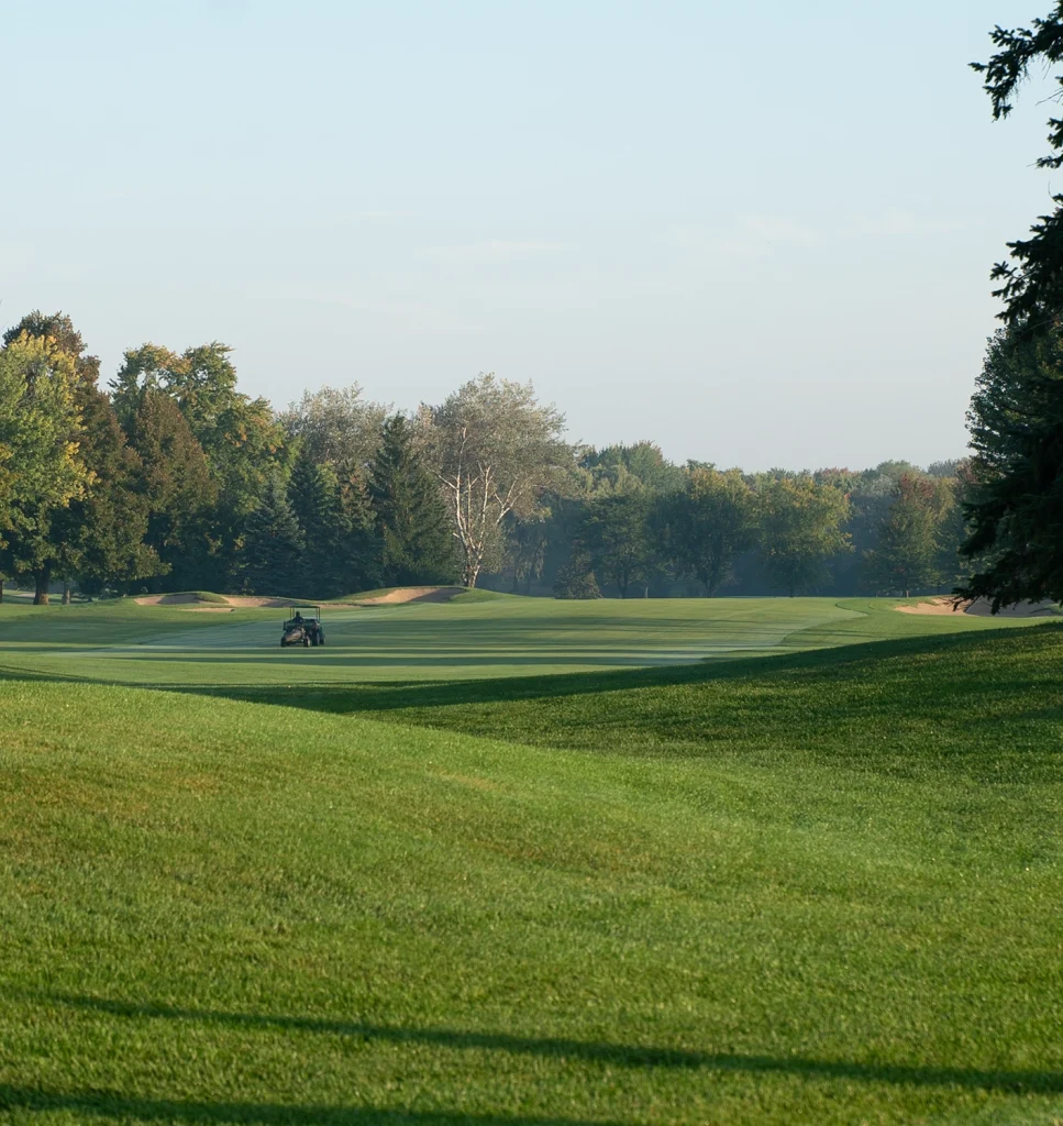 A golf course with a person driving a golf cart on the green, surrounded by trees and clear skies in the background.