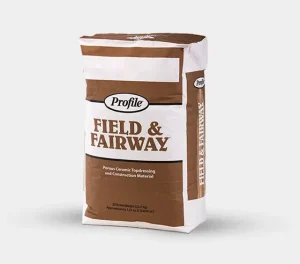 Two bags of Profile porous ceramic topdressing material labeled “Field & Fairway” (brown bag) and “Emerald Field & Fairway” (green bag) displayed side by side on a white background.