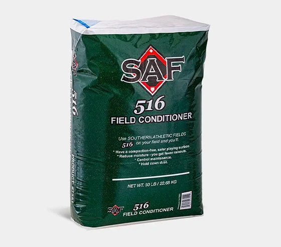 A 50 lb bag of SAF 516 Field Conditioner in green packaging, labeled for use on athletic fields to improve soil conditions and reduce compaction.