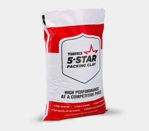 A white and red bag labeled Turface 5-Star Packing Clay with features like high durability and easy maintenance, and the slogan High Performance at a Competitive Price printed on the front.