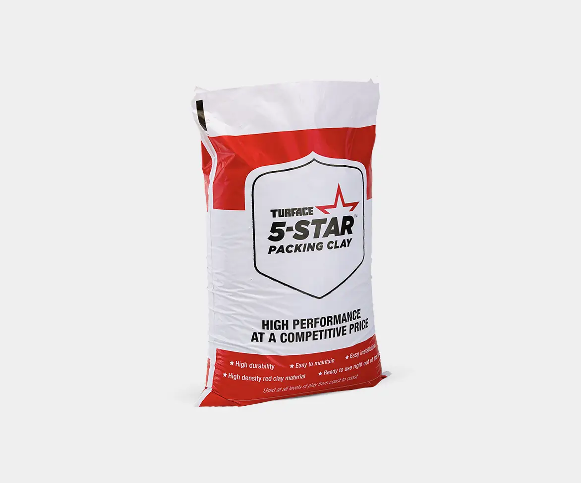 Bag labeled “Turface 5-Star Packing Clay” with text stating “High Performance at a Competitive Price,” and bullet points including high durability, high density red clay material, easy to maintain, easy installation, and ready to use right out of the bag.