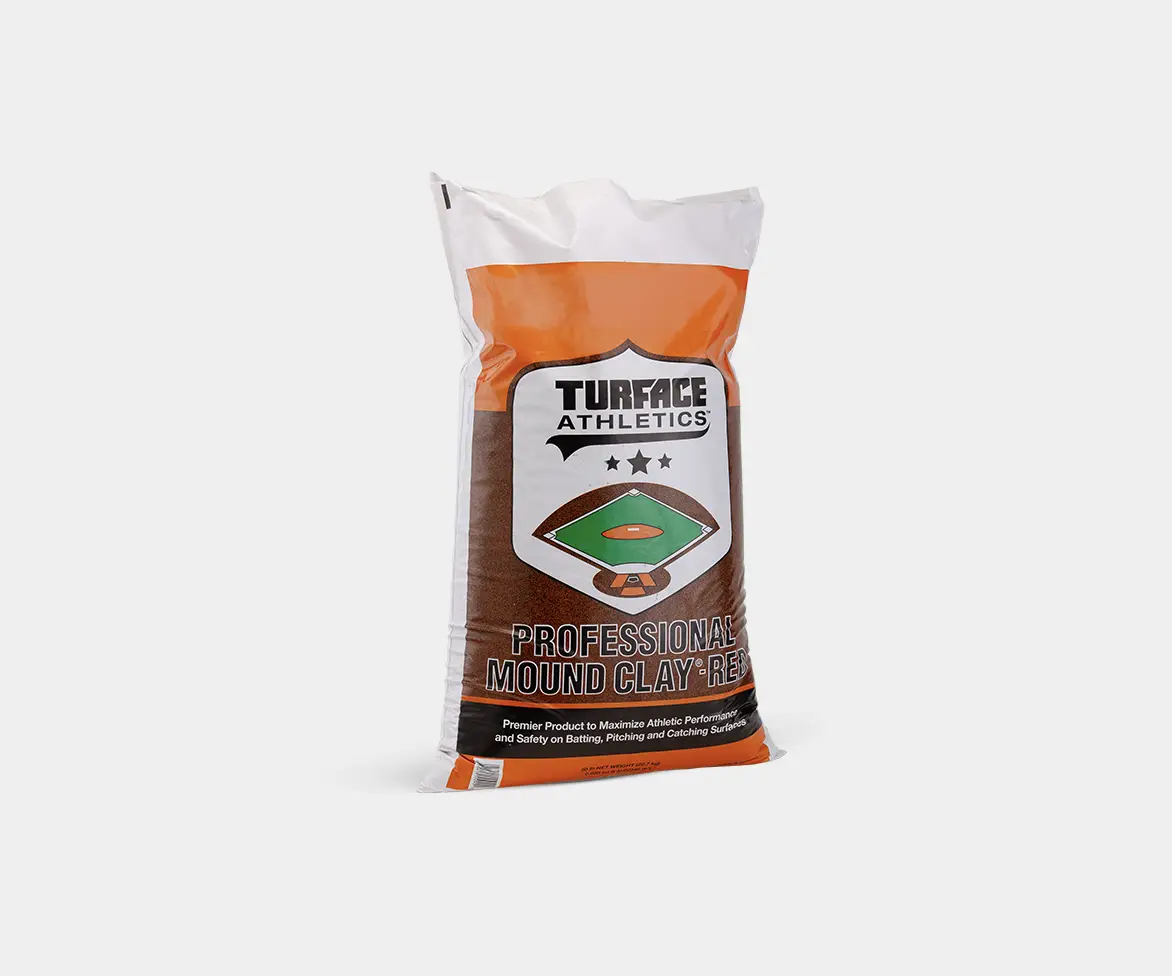 Bag labeled “Turface Athletics Professional Mound Clay – Red,” described as a premier product to maximize athletic performance and safety on batting, pitching, and catching surfaces.