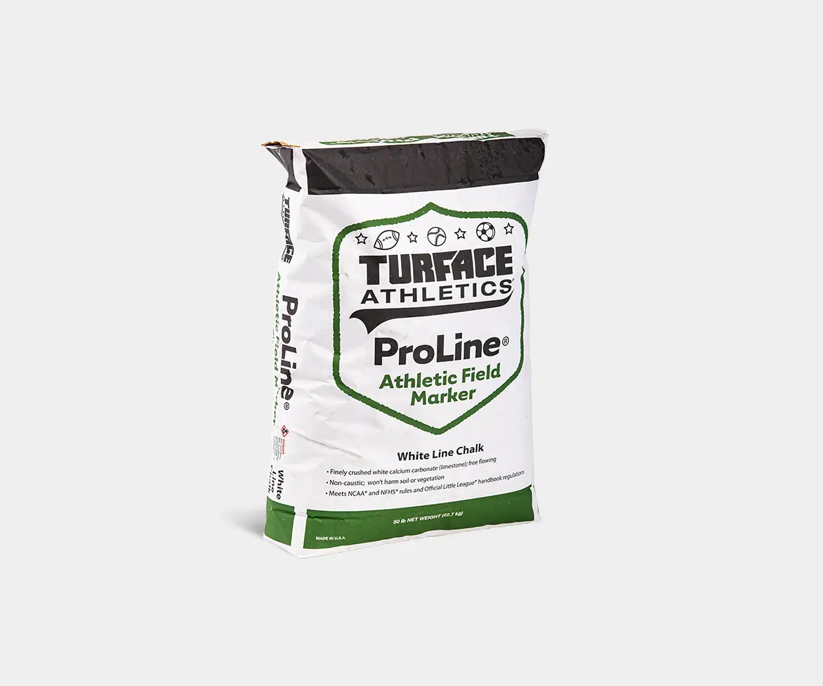Bag labeled “Turface Athletics ProLine Athletic Field Marker – White Line Chalk,” with additional text noting finely crushed white calcium carbonate, non-caustic formula, compliance with NCAA and NFHS rules, 50 lb net weight, and Made in USA.