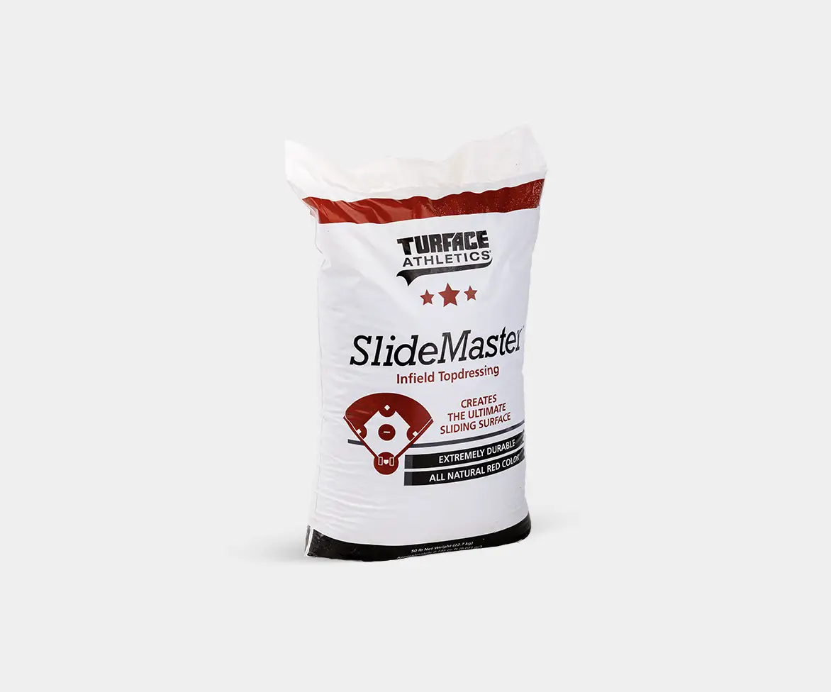 Bag labeled “Turface Athletics SlideMaster Infield Topdressing,” with text stating “Creates the Ultimate Sliding Surface,” “Extremely Durable,” “All Natural Red Color,” and 50 lb net weight.
