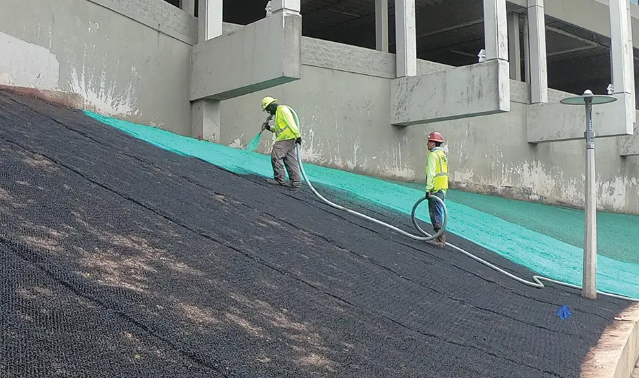 Two workers in safety gear spray green hydroseed onto a steep, net-covered slope beside a concrete building to promote vegetation growth and prevent erosion.