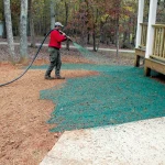 A person in a red shirt sprays green hydroseed over bare soil near a house porch, preparing the area for new grass growth. Trees with autumn leaves are in the background.