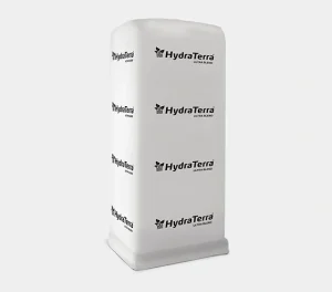 A tall, rectangular white water softener tank with rounded edges, labeled HydraTerra ULTRA BLANDO multiple times in black text on all visible sides.
