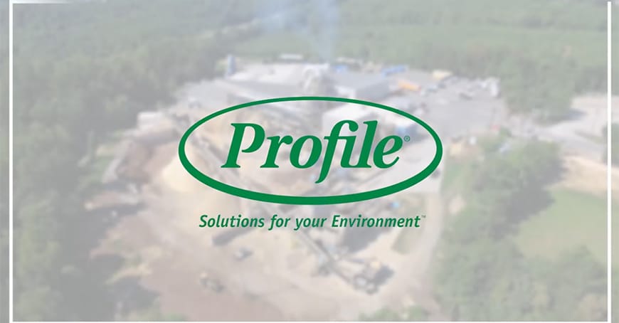 The Profile logo with the tagline Solutions for your Environment is centered over a blurred background of an industrial site surrounded by greenery.