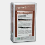 A white and brown bag labeled Profile High Performance Mulch WOOD, with instructions and specifications printed on the front. The bag stands upright on a plain, light background.