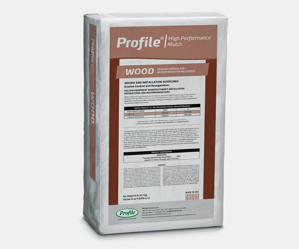 A white and brown bag labeled Profile High Performance Mulch WOOD, with instructions and specifications printed on the front. The bag stands upright on a plain, light background.