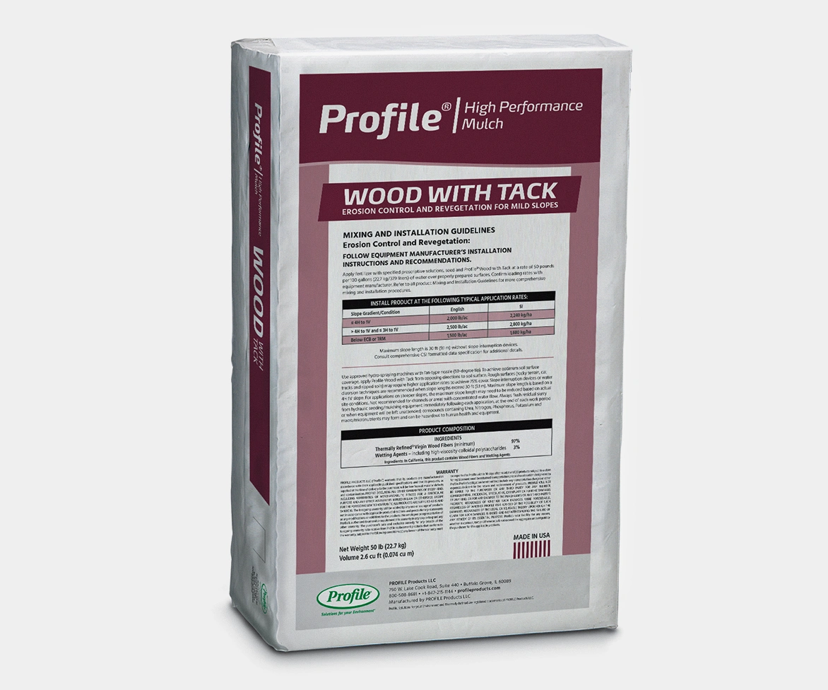 A bag of Profile High Performance Mulch, labeled Wood With Tack for erosion control and revegetation, showing product instructions and specifications on the front.
