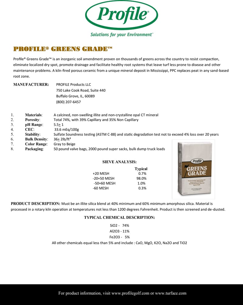 A product info sheet for Profile Greens Grade®, an inorganic soil amendment for greens. Includes product specs, benefits, application rates, physical analysis, manufacturer info, and a small product image.