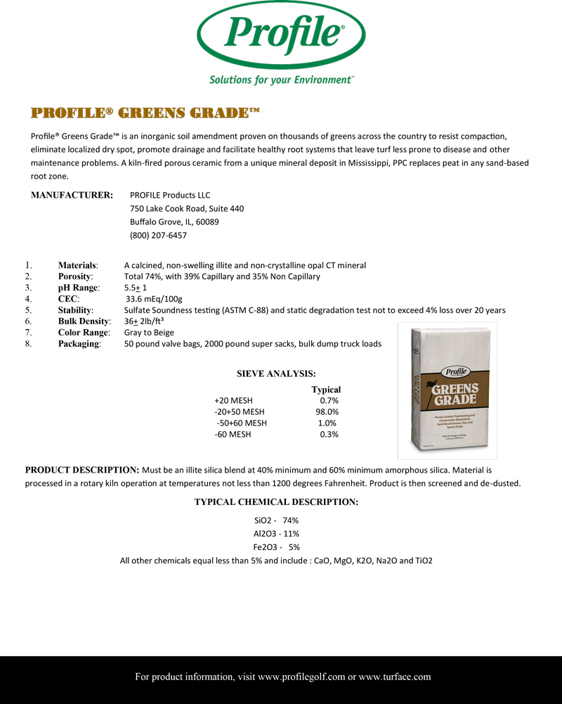 Product information sheet for PROFILE® GREENS GRADE™, featuring product image, specifications (particle size, porosity, pH range, analysis), usage recommendations, and manufacturer contact details on a white background.