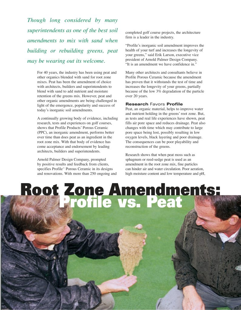 A magazine page with text about root zone amendments and golf course greens. Various text boxes discuss sand, amendments, research, and a company profile, with a green decorative background in the lower section.