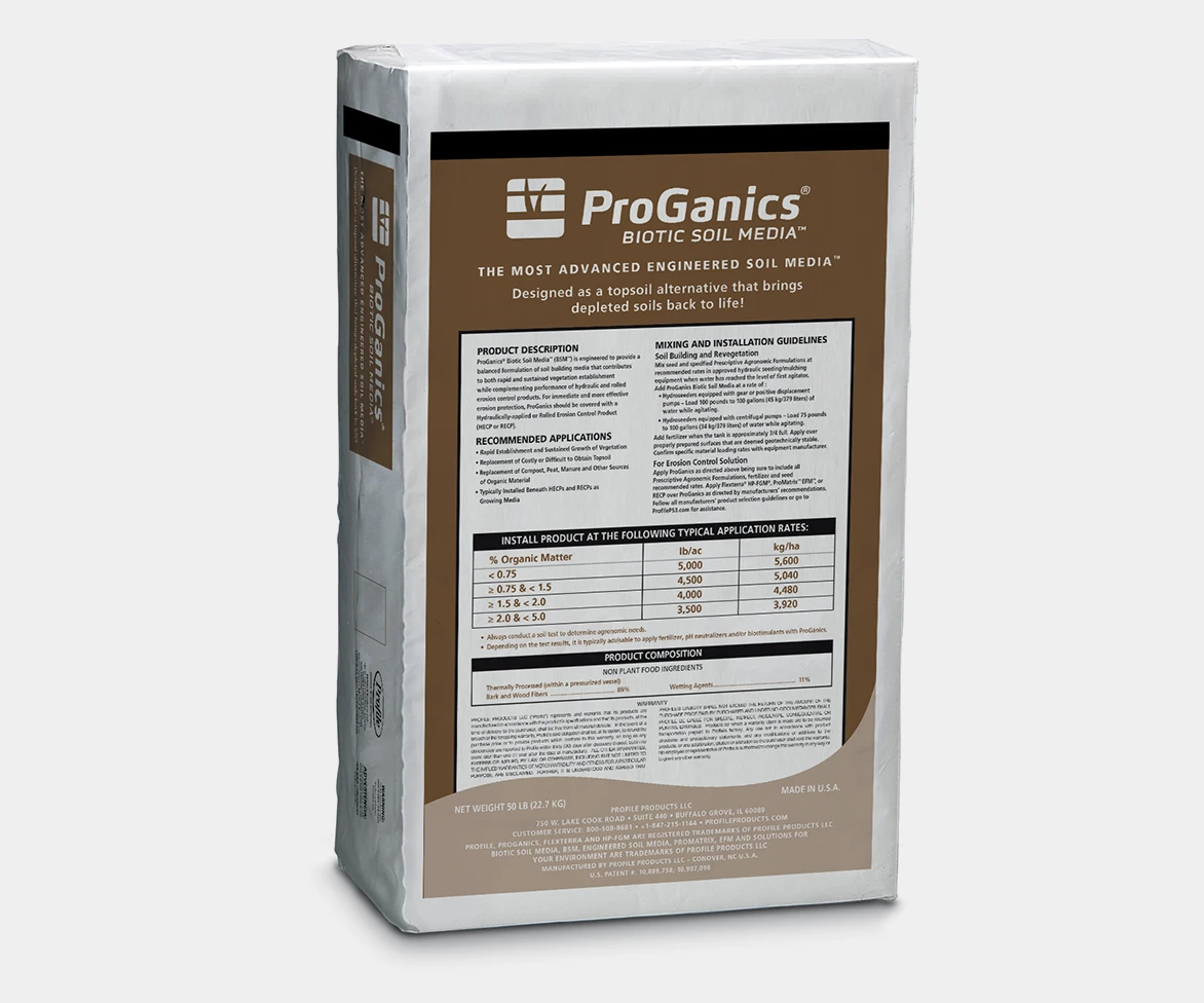 A rectangular white bag of ProGanics Biotic Soil Media with product information, application rates, and branding displayed on the front against a plain gray background.