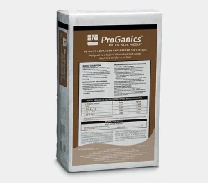 A white bag labeled ProGanics Biotic Soil Media with product details, application instructions, and a brown panel featuring text and tables describing soil restoration uses. The bag stands upright against a plain background.