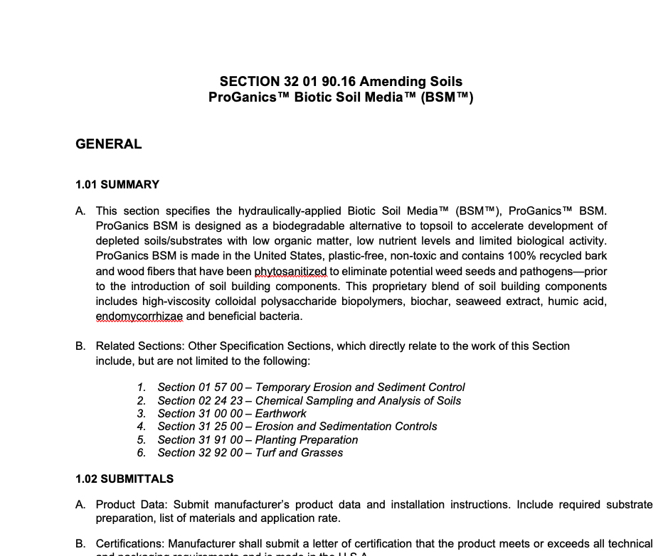 A section of a technical document titled SECTION 32 01 90.16 Amending Soils – ProGanic™ Biotic Soil Media (BSM™) with text describing general specifications for soil amendments.