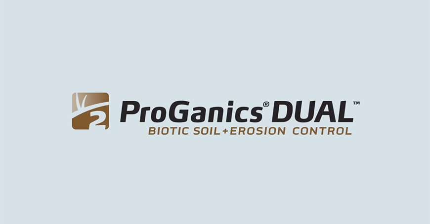 ProGanics DUAL logo with a graphic of grass and soil, and the text ProGanics DUAL Biotic Soil + Erosion Control on a light blue background.