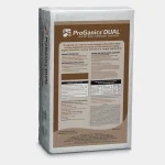 A white bag labeled ProGanics DUAL Biotic Soil + Erosion Control with product information, application guidelines, and specification charts printed on the front. The bag stands upright on a plain background.