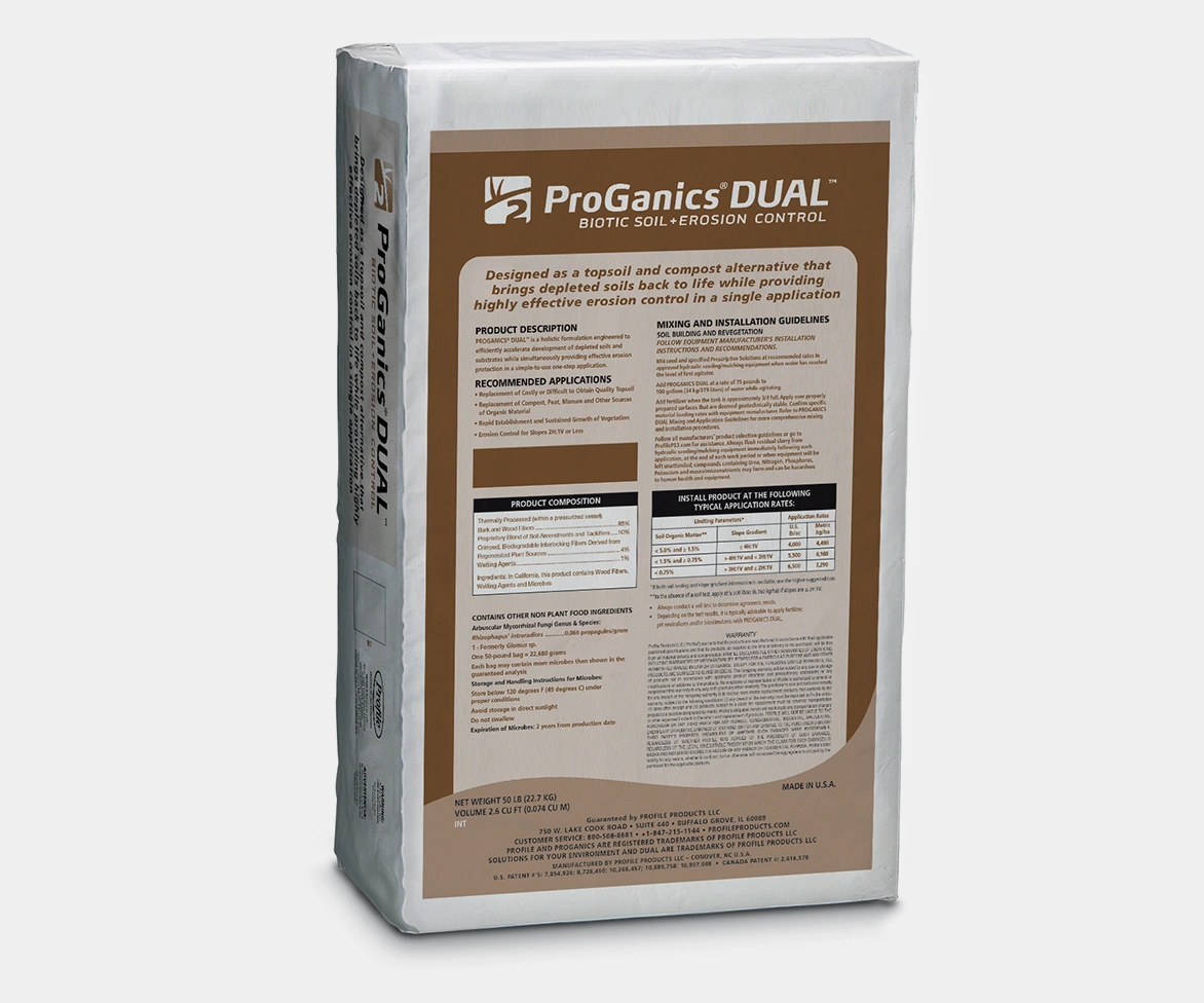 A white bag labeled ProGanics DUAL Biotic Soil + Erosion Control with product information, application guidelines, and specification charts printed on the front. The bag stands upright on a plain background.