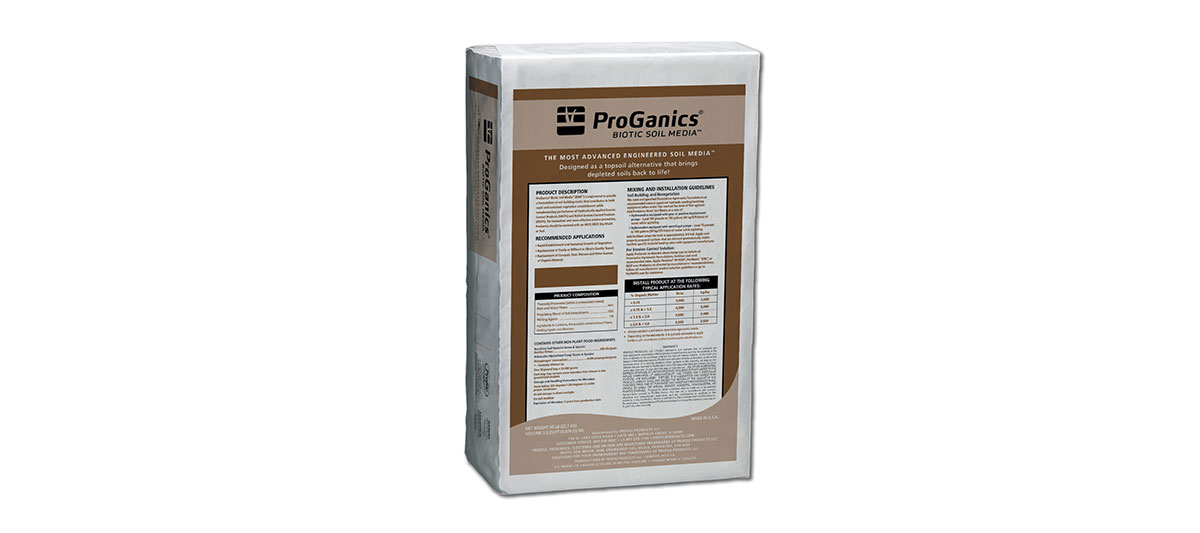 A white and brown bag labeled ProGanics Biotic Soil Media stands upright against a white background. The bag features detailed product information and instructions printed on the front.