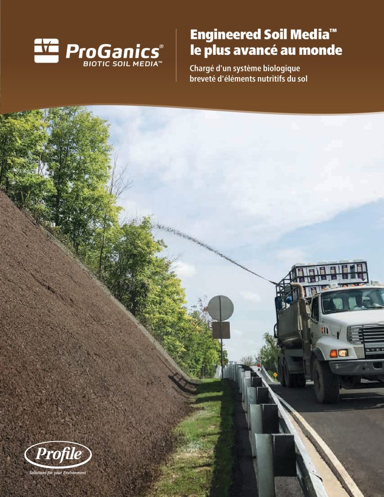 A truck sprays soil media onto a steep roadside slope while a worker observes. The scene promotes ProGanics Engineered Soil Media for erosion control and soil improvement.