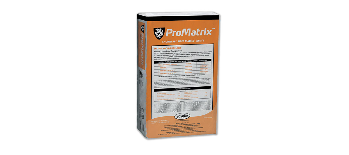 A rectangular orange and white box labeled ProMatrix stands upright with text, tables, and the Profila logo visible on the front and side panels.